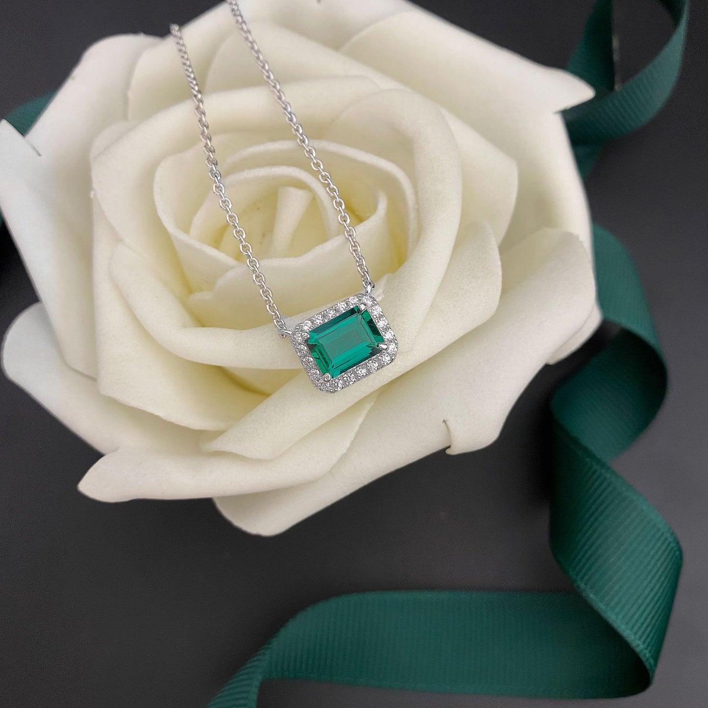 1 Carat Mini Green Lab-Created Emerald Halo Pendant