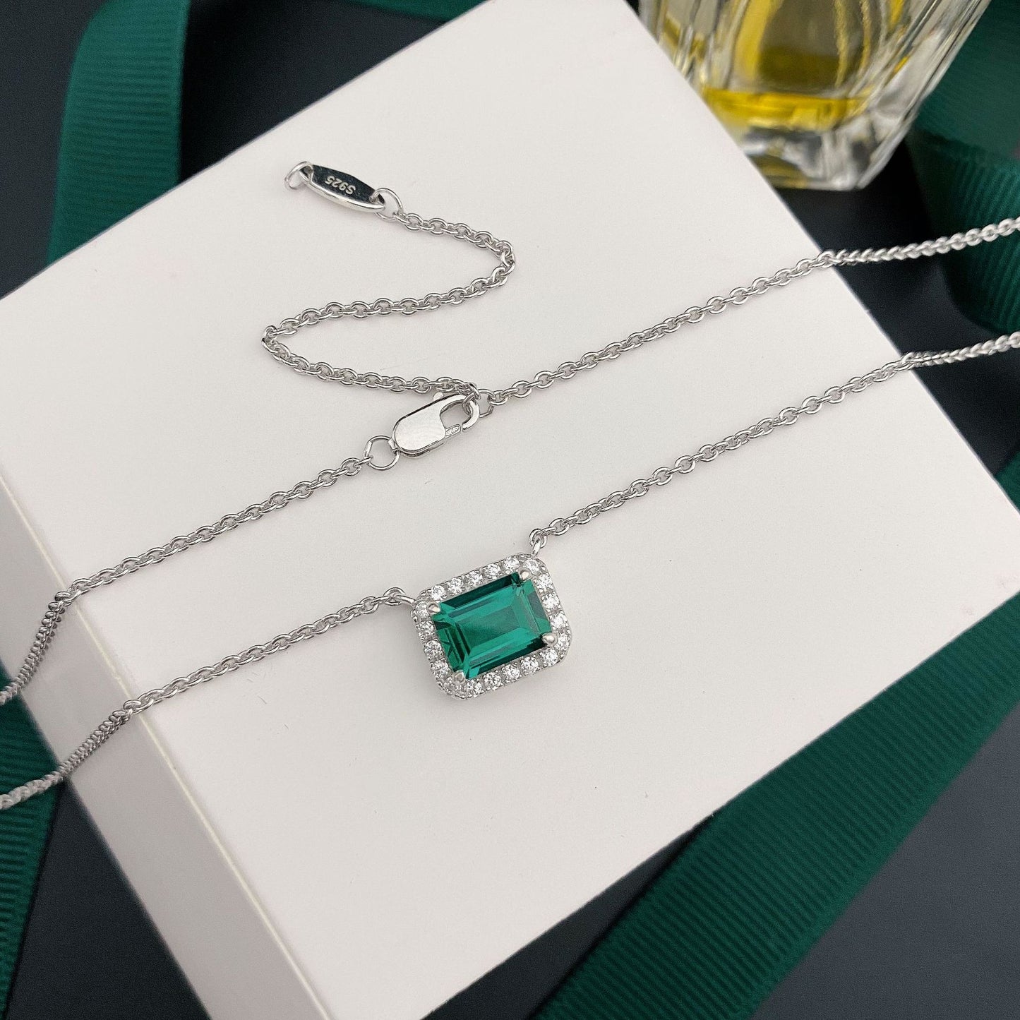 1 Carat Mini Green Lab-Created Emerald Halo Pendant