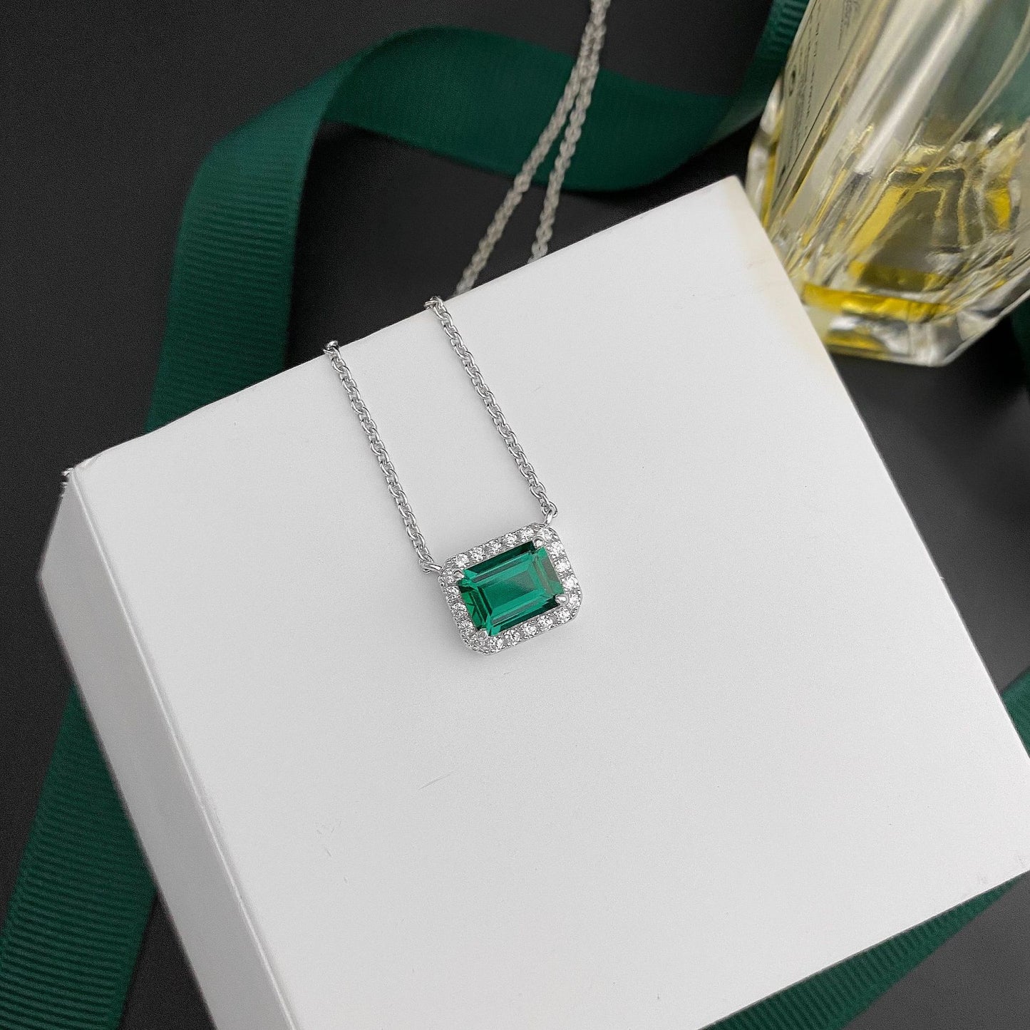 1 Carat Mini Green Lab-Created Emerald Halo Pendant