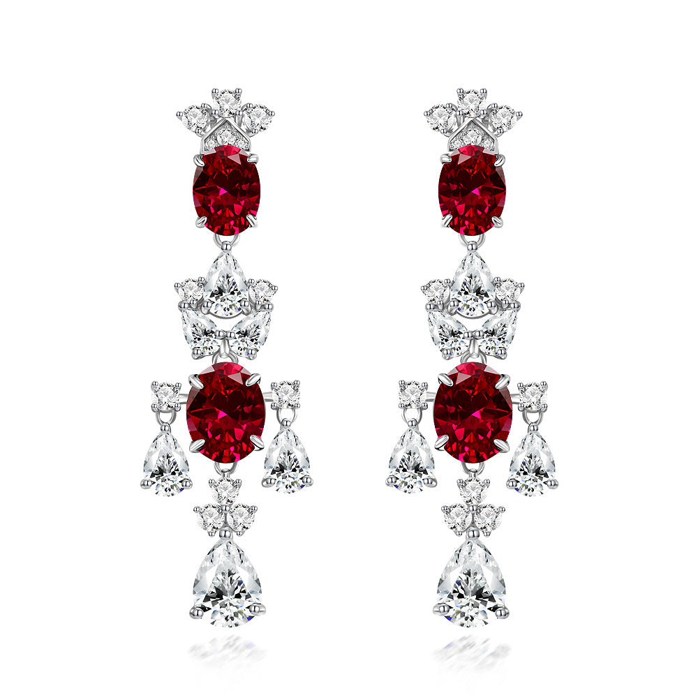 6 Carat Genuine Lab-Grown Red Ruby Oval Shape Tassel Earring Luxury July Birthstone Gift