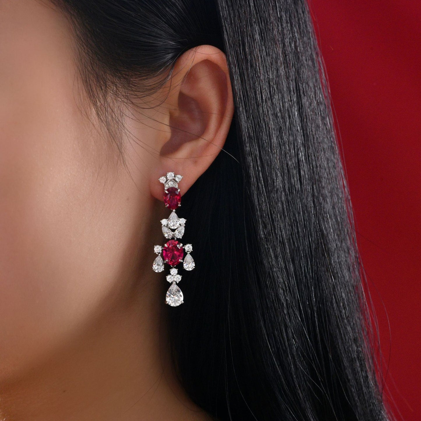 6 Carat Genuine Lab-Grown Red Ruby Oval Shape Tassel Earring Luxury July Birthstone Gift