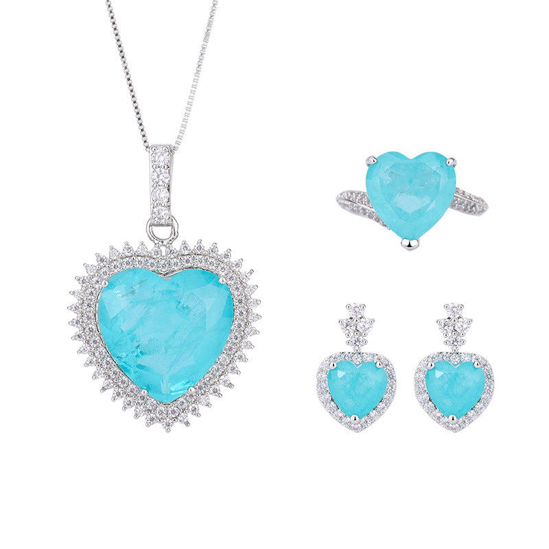 20*20mm Halo Heart Shape Blue Paraiba Simulant Jewelry Set