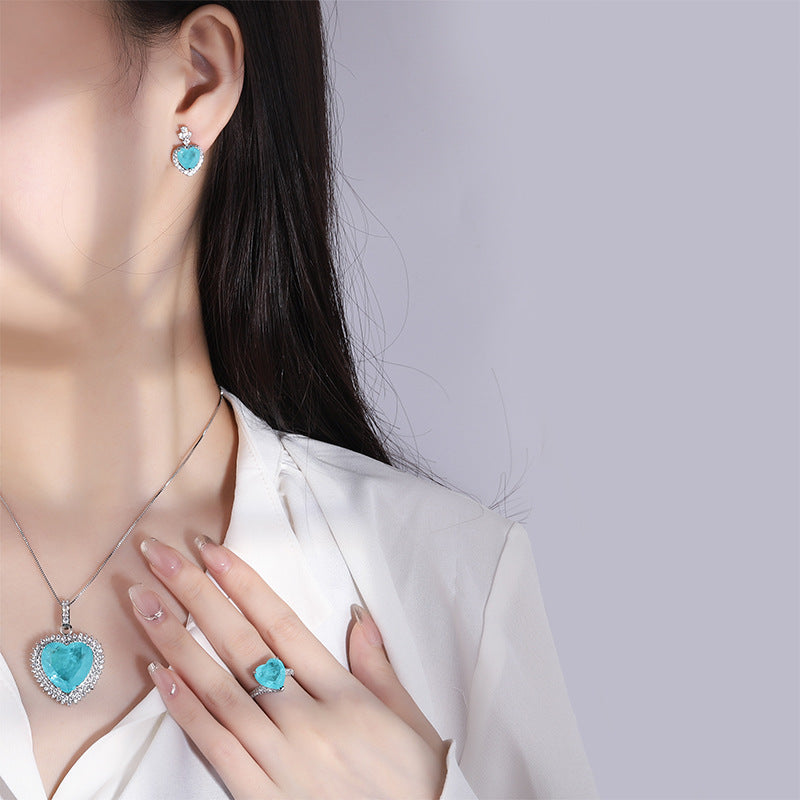20*20mm Halo Heart Shape Blue Paraiba Simulant Jewelry Set