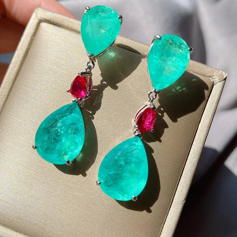 42mm Blue Paraiba & Emerald Simulant Cocktail Party Earrings