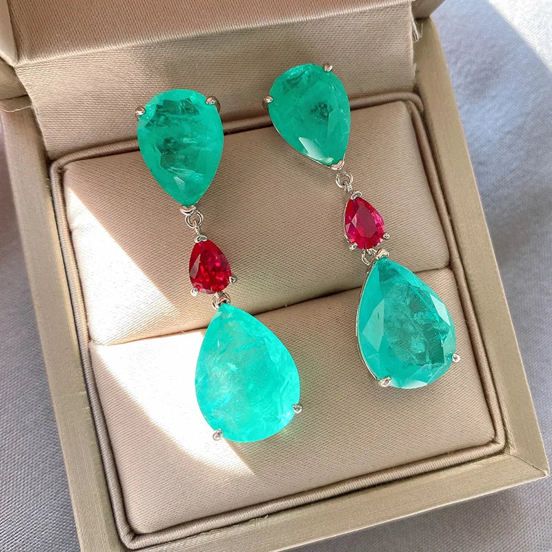 42mm Blue Paraiba & Emerald Simulant Cocktail Party Earrings