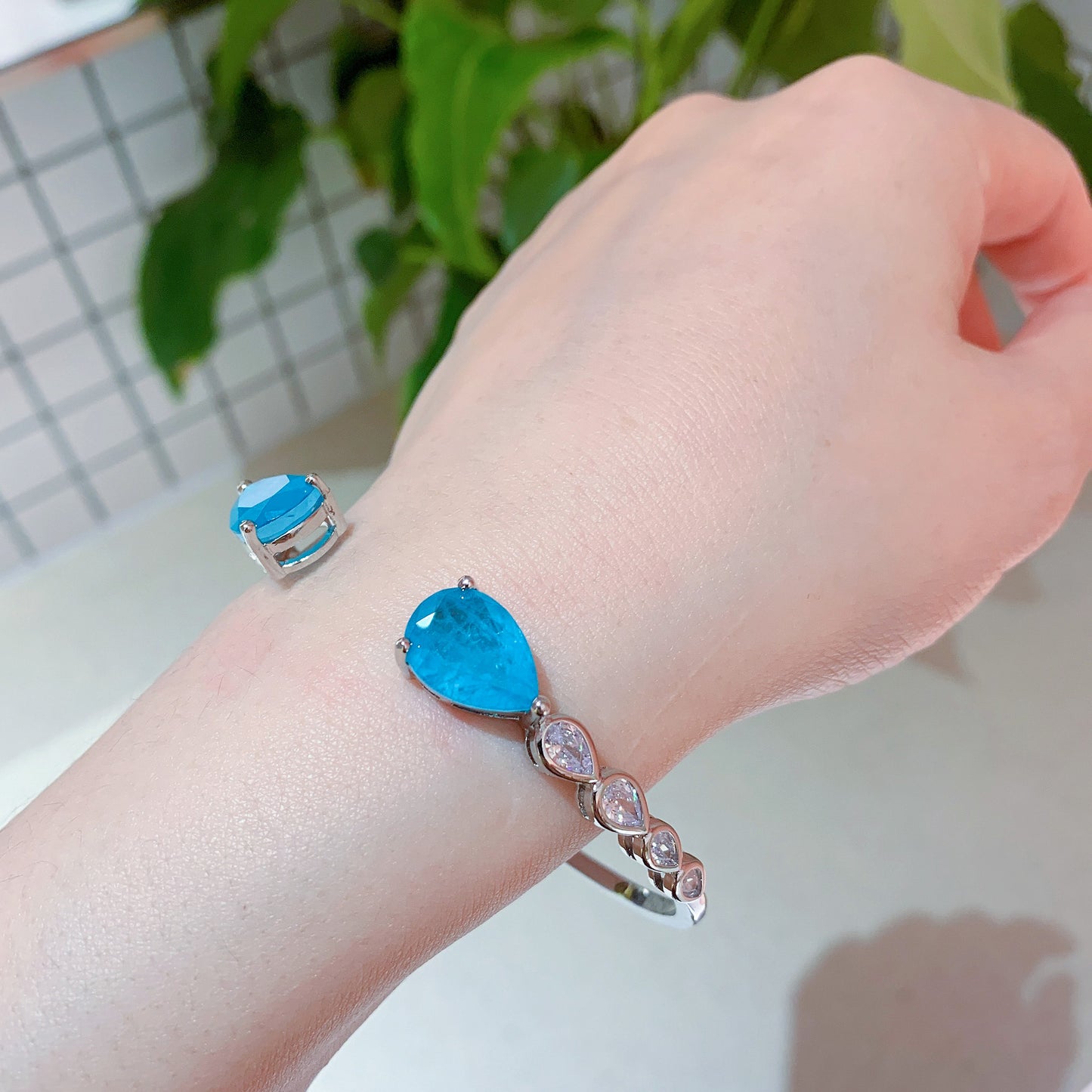 Exotic Neon Vivid Blue Pear Cut Paraiba Simulant Bangle 18KGP