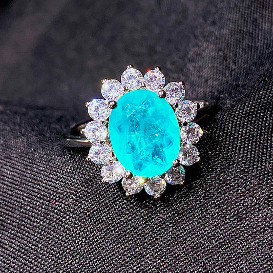 PARAIBA TOURMALINE Ring Magnificent Bicolor Halo Ring Art Deco Style Exotic Neon Vivid Blue Color & Glow Ice Blue Color Ring 18KGP