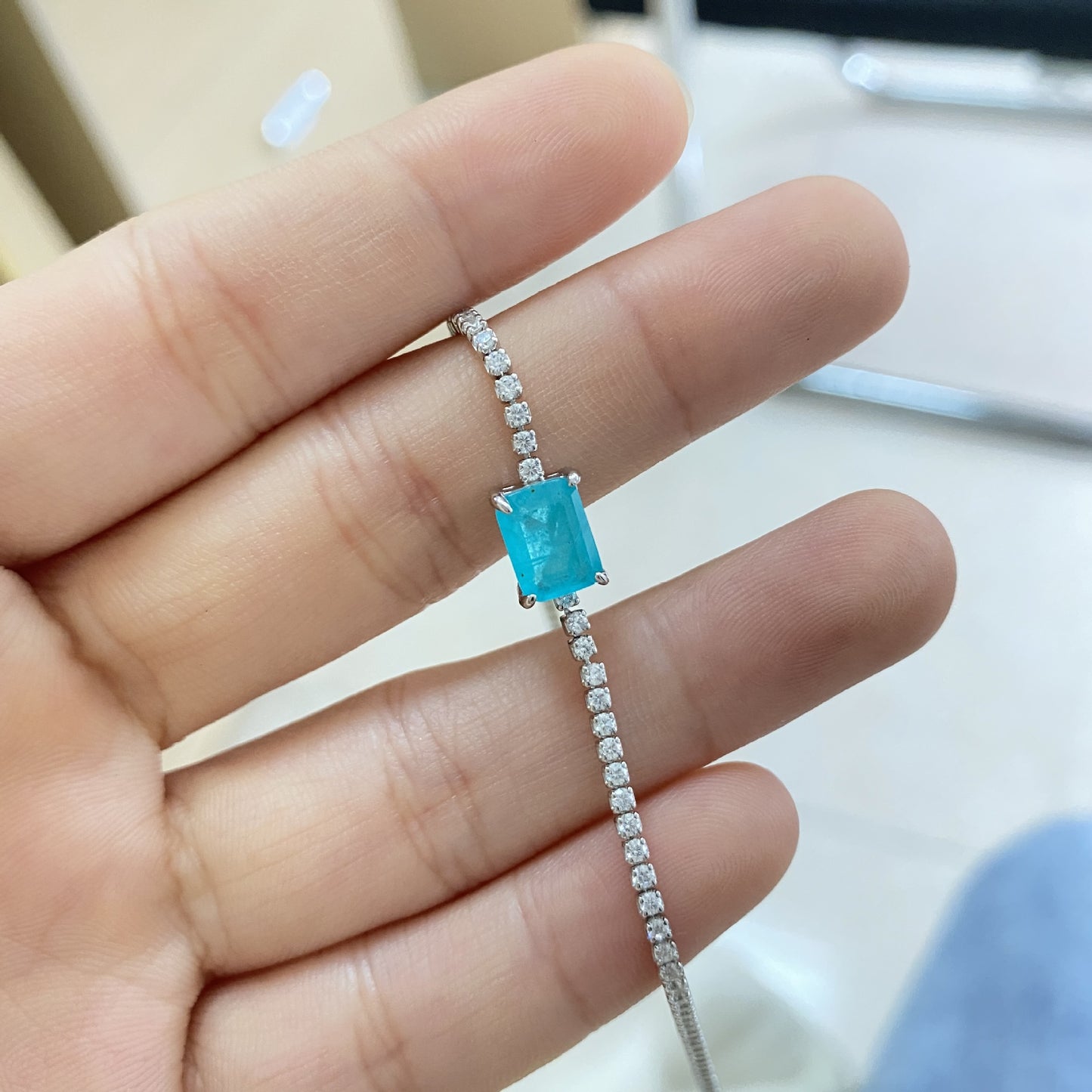 Geometric Blue Paraiba Simulant Bracelet Minimalist Style Tennis Bracelet Gift For Her