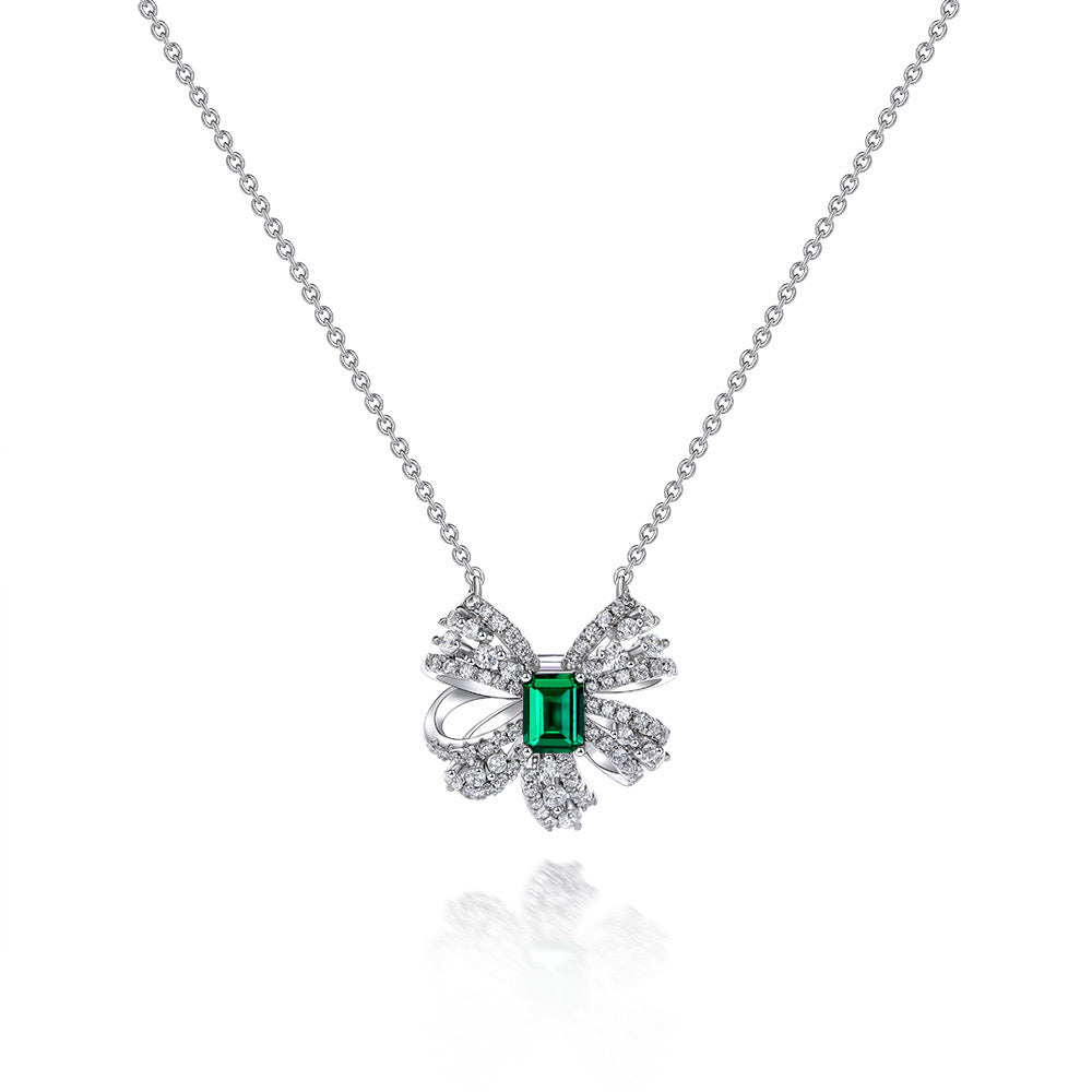 1 Carat Love Bow Style Lab-Created Green Emerald Halo Pendant | Minimalism Style May Birthstone Gift For Her