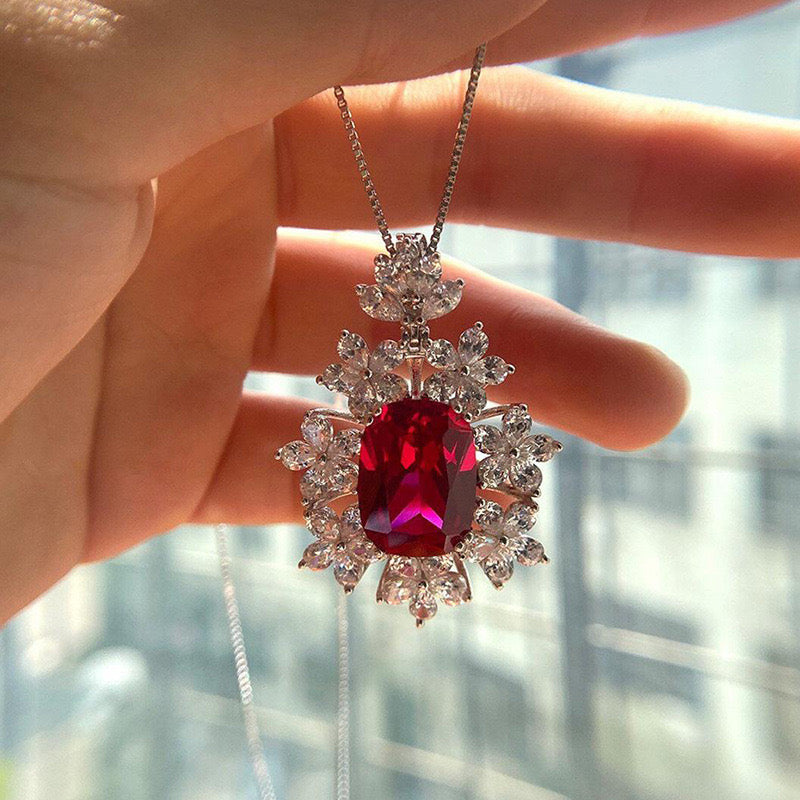 5 Carat Genuine Lab-Grown Red Ruby Cushion Cut Necklace | Luxury Halo Pendant Best Gift For Her