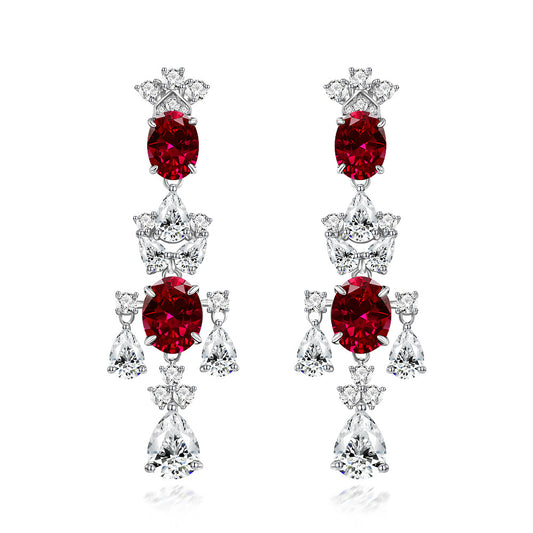 6 Carat Genuine Lab-Grown Red Ruby Oval Shape Tassel Earring Luxury July Birthstone Gift