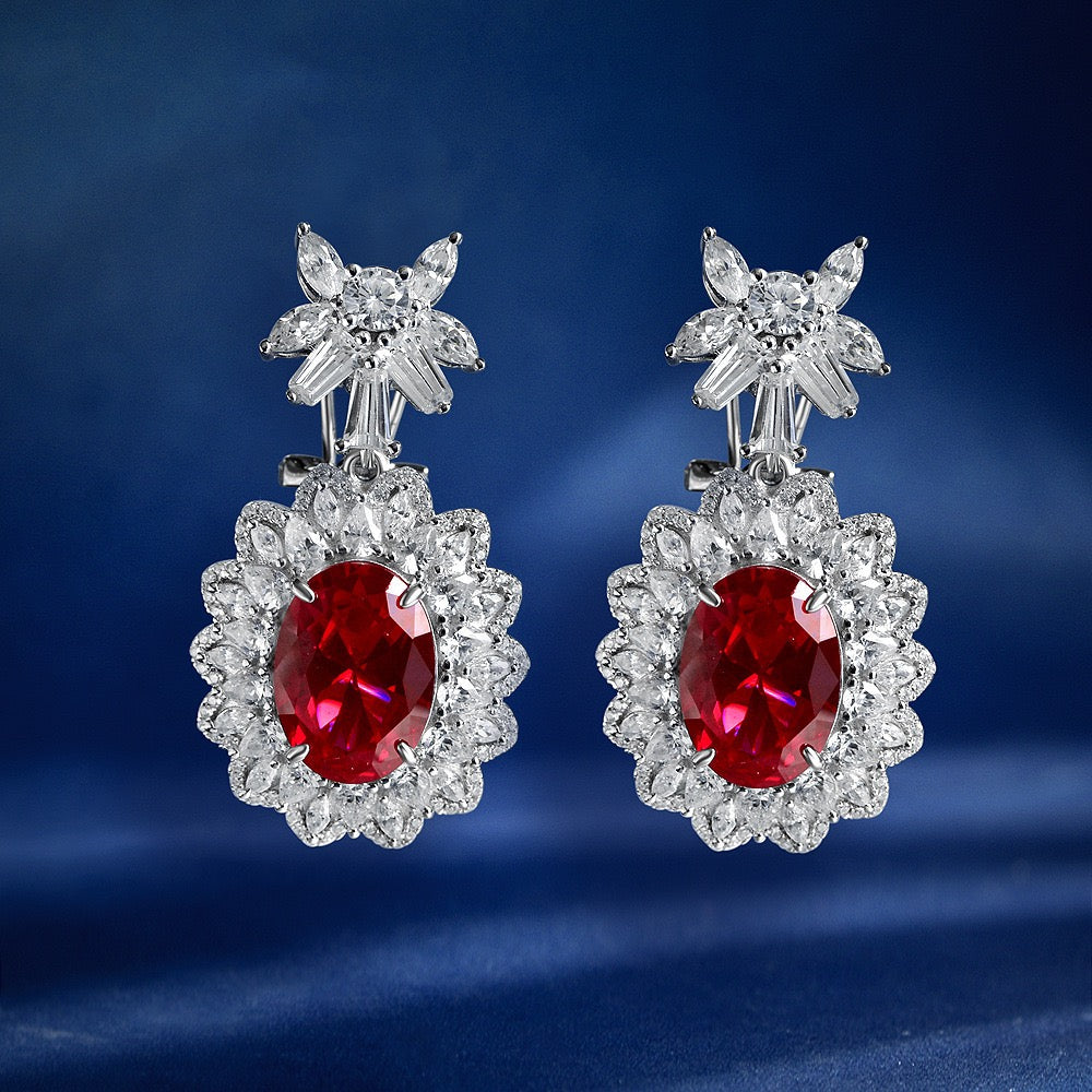 8 Carat Genuine Lab-Grown Red Ruby Oval Shape Tassel Earring Luxury July Birthstone Gift