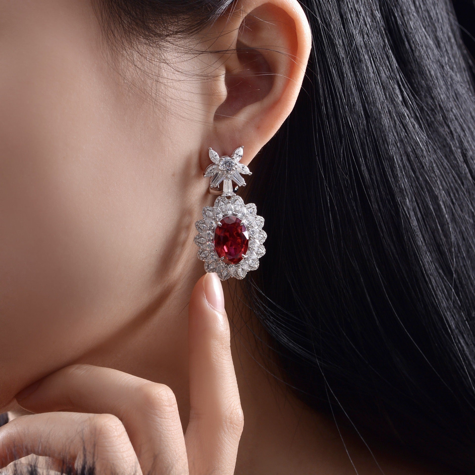 8 Carat Genuine Lab-Grown Red Ruby Oval Shape Tassel Earring Luxury July Birthstone Gift