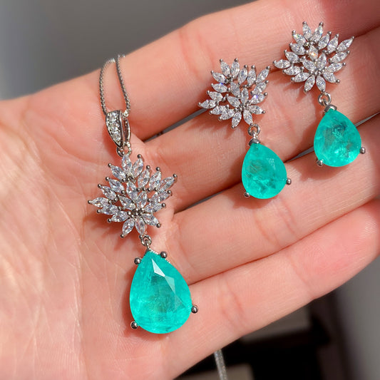 10*20 Blue Paraiba Simulant Halo Water Drop Jewelry Set, True Masterpiece Embodies Elegance & Sophistication.