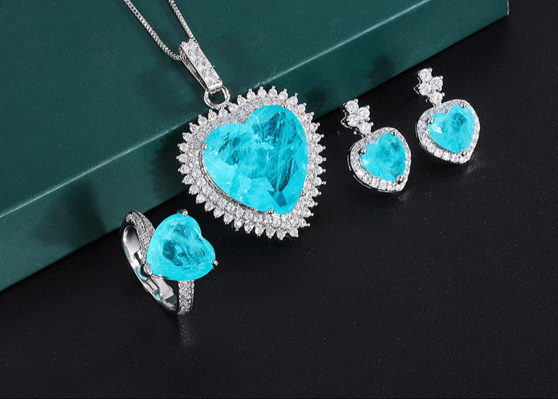 20*20mm Halo Heart Shape Blue Paraiba Simulant Jewelry Set