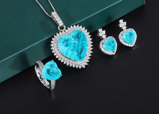 20*20mm Halo Heart Shape Blue Paraiba Simulant Jewelry Set