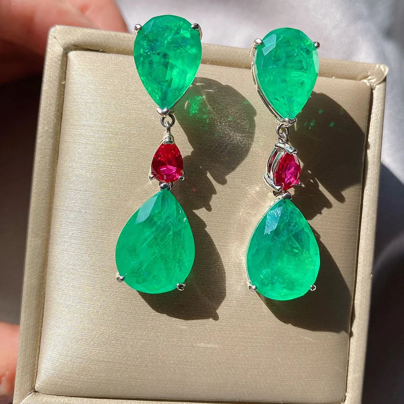 42mm Long  Paraiba Tourmaline Emerald Gemstone Cocktail Party Earrings