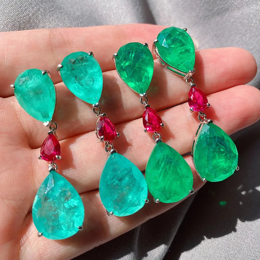42mm Blue Paraiba & Emerald Simulant Cocktail Party Earrings