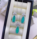 BLUE PARAIBA TOURMALINE JEWELRY SET Magnificent Lucky Leaf Earring Art Deco Style Exotic Neon Vivid Blue Color & Glow Ice Blue Color Jewelry Set