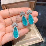 BLUE PARAIBA TOURMALINE JEWELRY SET Magnificent Lucky Leaf Earring Art Deco Style Exotic Neon Vivid Blue Color & Glow Ice Blue Color Jewelry Set