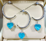 BLUE PARAIBA TOURMALINE CRESCENT & HEART JEWELRY SET Magnificent Earring Minimalism Style Exotic Neon Vivid Blue Color & Glow Ice Blue Color Jewelry Set