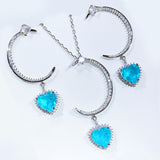BLUE PARAIBA TOURMALINE CRESCENT & HEART JEWELRY SET Magnificent Earring Minimalism Style Exotic Neon Vivid Blue Color & Glow Ice Blue Color Jewelry Set