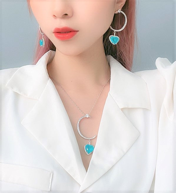 BLUE PARAIBA TOURMALINE CRESCENT & HEART JEWELRY SET Magnificent Earring Minimalism Style Exotic Neon Vivid Blue Color & Glow Ice Blue Color Jewelry Set