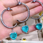BLUE PARAIBA TOURMALINE CRESCENT & HEART JEWELRY SET Magnificent Earring Minimalism Style Exotic Neon Vivid Blue Color & Glow Ice Blue Color Jewelry Set