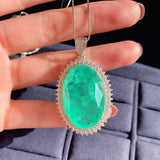 GREEN EMERLAD NECKLACE Magnificent Huge Oval Halo Pendant Exotic Vivid Green Glow Color Pendant MAY Birthstone 18K White Gold Plated