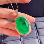 GREEN EMERLAD NECKLACE Magnificent Huge Oval Halo Pendant Exotic Vivid Green Glow Color Pendant MAY Birthstone 18K White Gold Plated