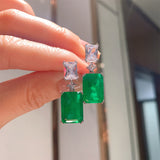 GREEN EMERLAD EARRING Magnificent Geometric Bicolor Minimalism Style Exotic Vivid Green Glow Color Earring MAY Birthstone 18K White Gold Plated
