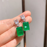 GREEN EMERLAD EARRING Magnificent Geometric Bicolor Minimalism Style Exotic Vivid Green Glow Color Earring MAY Birthstone 18K White Gold Plated