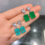 GREEN EMERLAD EARRING Magnificent Geometric Bicolor Minimalism Style Exotic Vivid Green Glow Color Earring MAY Birthstone 18K White Gold Plated