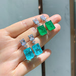 GREEN EMERLAD EARRING Magnificent Geometric Bicolor Minimalism Style Exotic Vivid Green Glow Color Earring MAY Birthstone 18K White Gold Plated