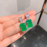 GREEN EMERLAD EARRING Magnificent Geometric Bicolor Minimalism Style Exotic Vivid Green Glow Color Earring MAY Birthstone 18K White Gold Plated
