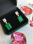 GREEN EMERLAD EARRING Magnificent Geometric Bicolor Minimalism Style Exotic Vivid Green Glow Color Earring MAY Birthstone 18K White Gold Plated