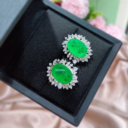 GREEN EMERLAD EARRING Magnificent Oval Shape Halo Earring Stud Exotic Vivid Green Glow Color Earring MAY Birthstone 18K White Gold Plated