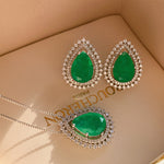 GREEN EMERLAD LUXURY JEWELRY SET Magnificent Victorian Style Exotic Vivid Green Color & Glow Color Jewelry Set 18K White Gold Plated