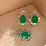 GREEN EMERLAD LUXURY JEWELRY SET Magnificent Victorian Style Exotic Vivid Green Color & Glow Color Jewelry Set 18K White Gold Plated