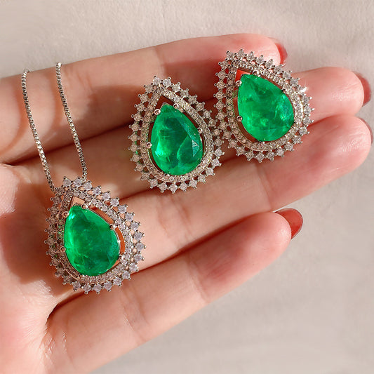 GREEN EMERLAD LUXURY JEWELRY SET Magnificent Victorian Style Exotic Vivid Green Color & Glow Color Jewelry Set 18K White Gold Plated