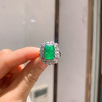 GREEN EMERLAD RING Magnificent Halo Ring Exotic Vivid Green Glow Color Ring MAY Birthstone 18K White Gold Plated