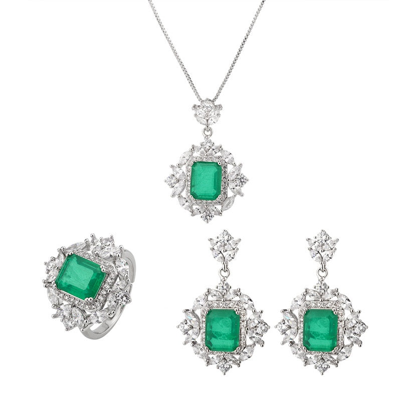 GREEN EMERLAD MINI CUTE JEWELRY SET Magnificent Jewelry Set Minimalism Style Exotic Vivid Green Color & Glow Color Jewelry Set 18K White Gold Plated