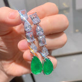 GREEN EMERLAD EARRING Magnificent Geometric Long Tassel Style Exotic Vivid Green Glow Color Earring MAY Birthstone 18K White Gold Plated