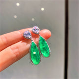 GREEN EMERLAD EARRING Magnificent Geometric Bicolor Minimalism Style Exotic Vivid Green Glow Color Earring MAY Birthstone 18K White Gold Plated