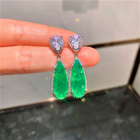 GREEN EMERLAD EARRING Magnificent Geometric Bicolor Minimalism Style Exotic Vivid Green Glow Color Earring MAY Birthstone 18K White Gold Plated