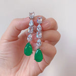 GREEN EMERLAD EARRING Magnificent Geometric Long Tassel Style Exotic Vivid Green Glow Color Earring MAY Birthstone 18K White Gold Plated