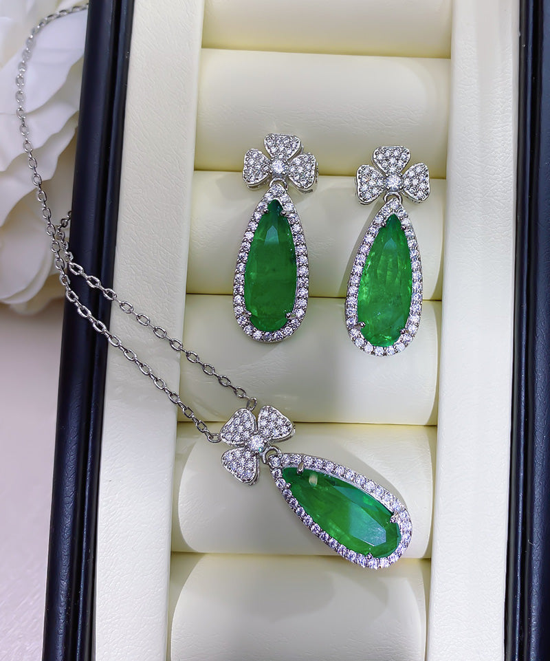 10*28mm Green Lucky Leaf Doublet Emerald Jewelry Set 18KGP