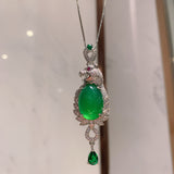 GREEN EMERLAD NECKLACE Magnificent Leopard Cabochon Pendant Exotic Vivid Green Glow Color Pendant MAY Birthstone 18K White Gold Plated