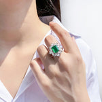 GREEN EMERLAD RING Magnificent Halo Ring Exotic Vivid Green Glow Color Ring MAY Birthstone 18K White Gold Plated