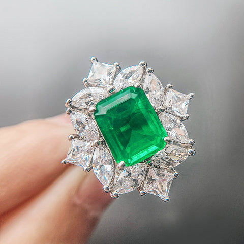 GREEN EMERLAD RING Magnificent Halo Ring Exotic Vivid Green Glow Color Ring MAY Birthstone 18K White Gold Plated